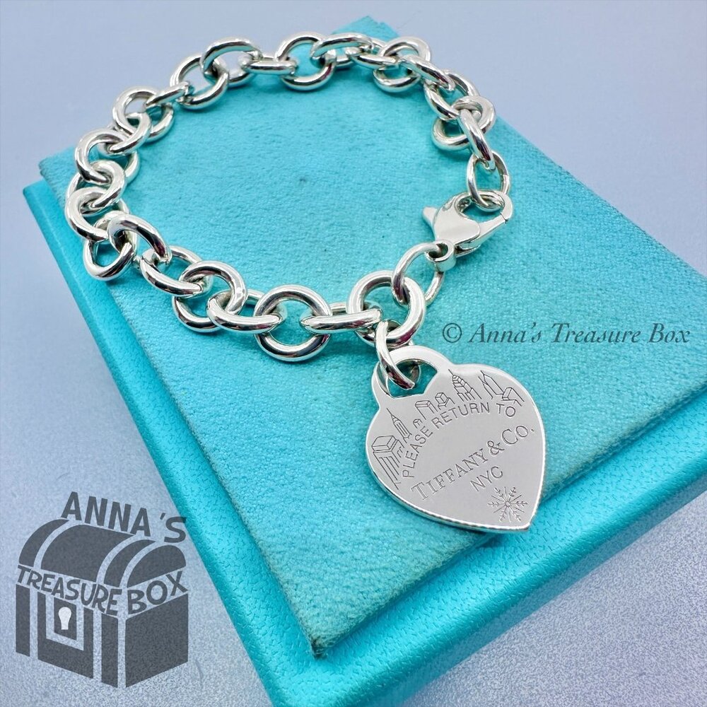 Tiffany & Co. 925 Silver Holiday Heart Tag 7.5" Bracelet (pouch)